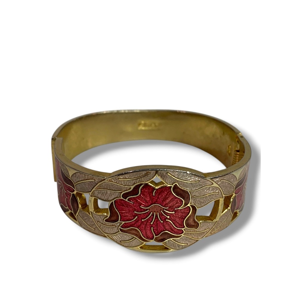 Vintage Cloisonne Floral Signed Fish Bangle Bracelet Goldtone Red Hinged